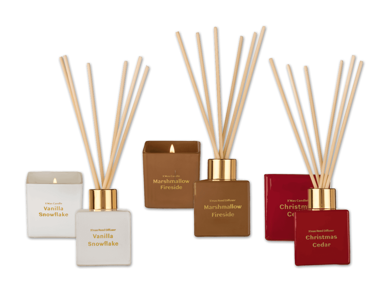 Drei Sets aus X'Mas Kerzen und Reed Diffusern in den Düften Vanilla Snowflake, Marshmallow Fireside und Christmas Cedar.
