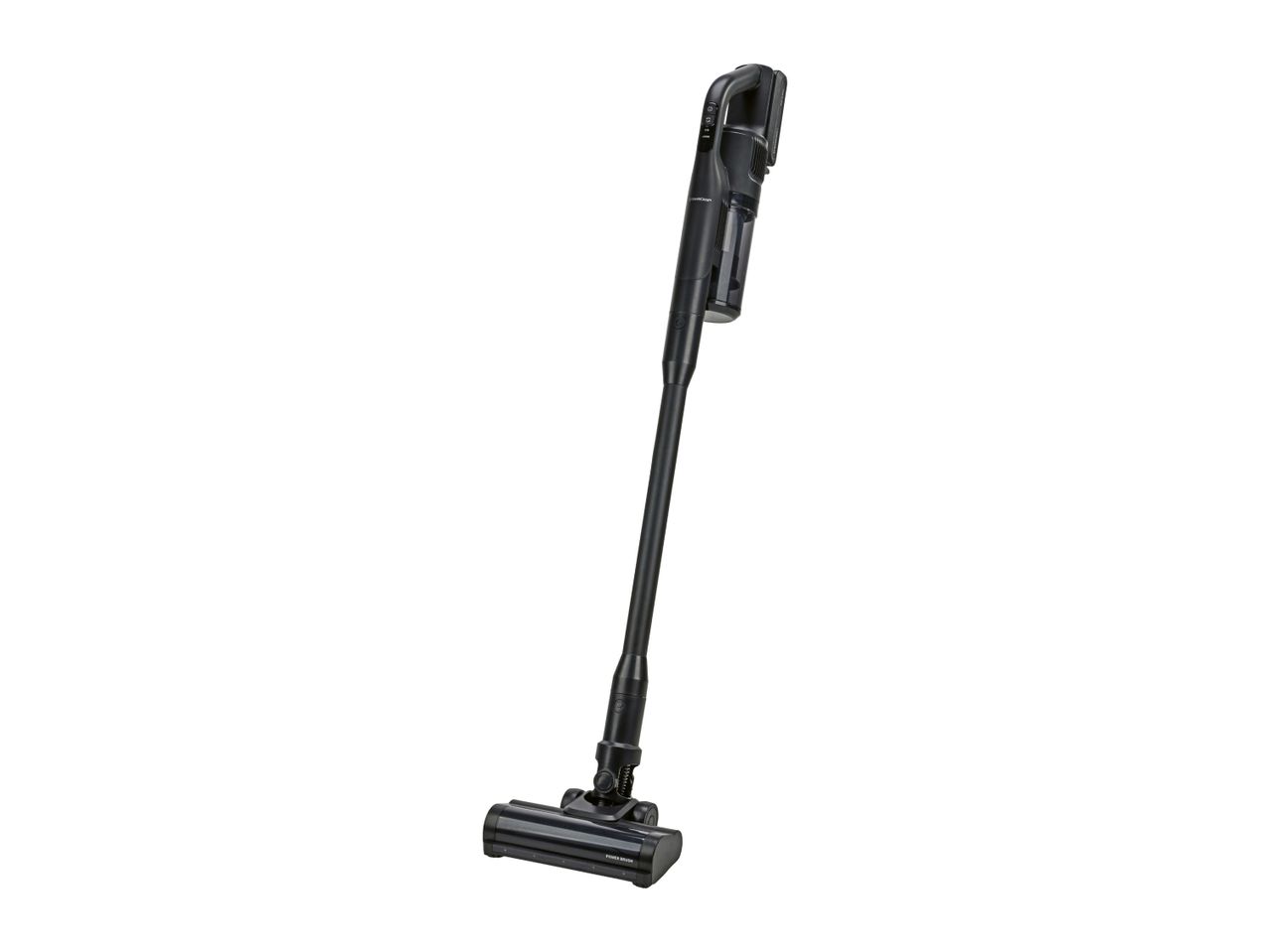 Black cordless stick vacuum cleaner with a power brush head.