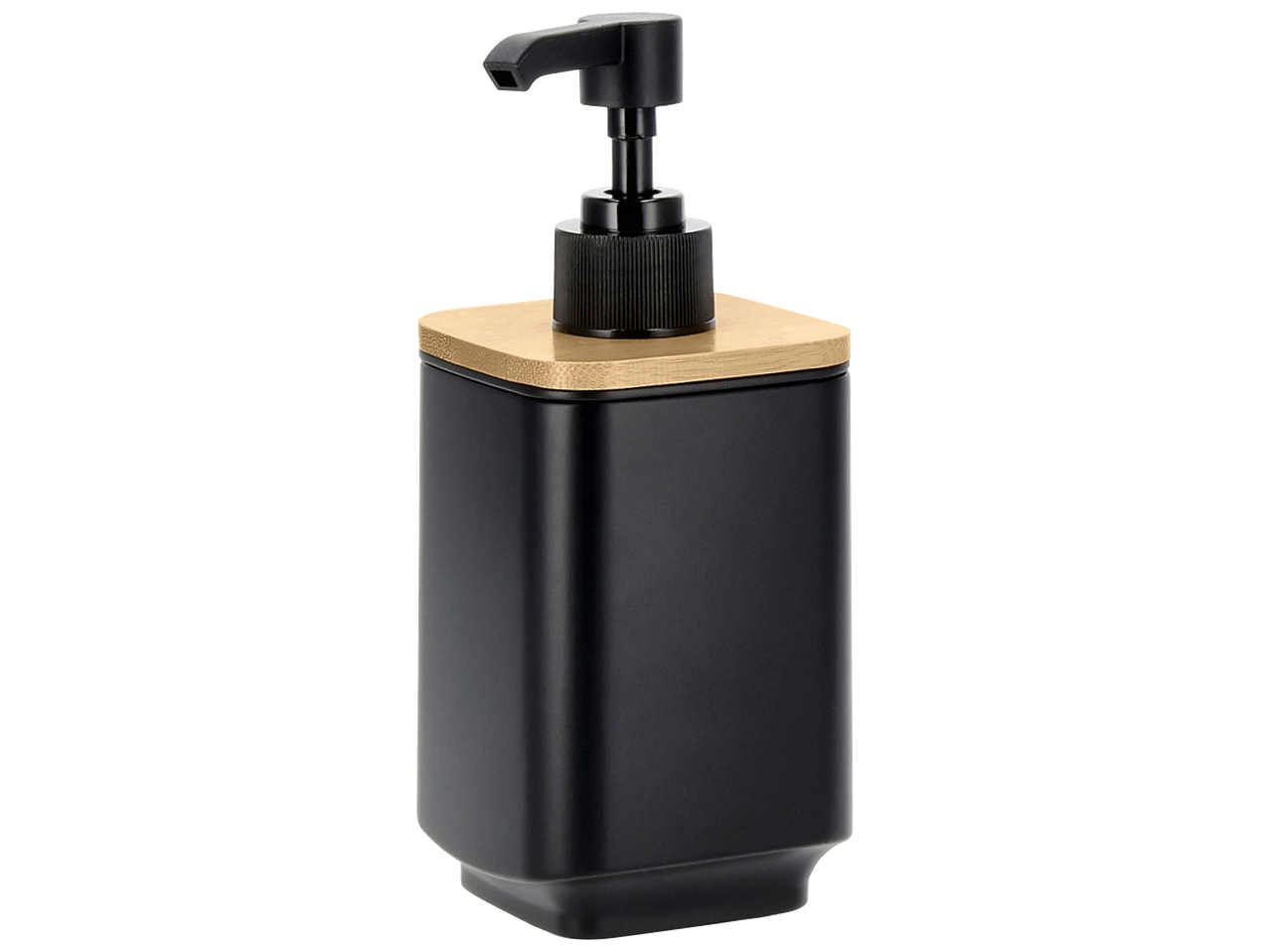 Distributeur de savon noir mat avec pompe noire et couvercle en bambou.