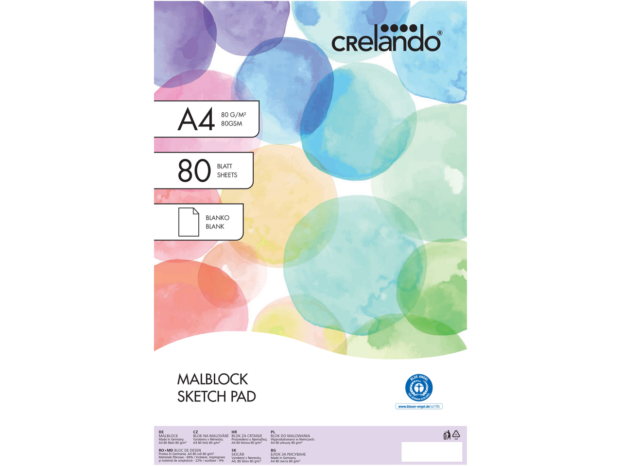 A4 sketch pad with 80 blank sheets, 80 GSM, featuring a watercolor-style background.