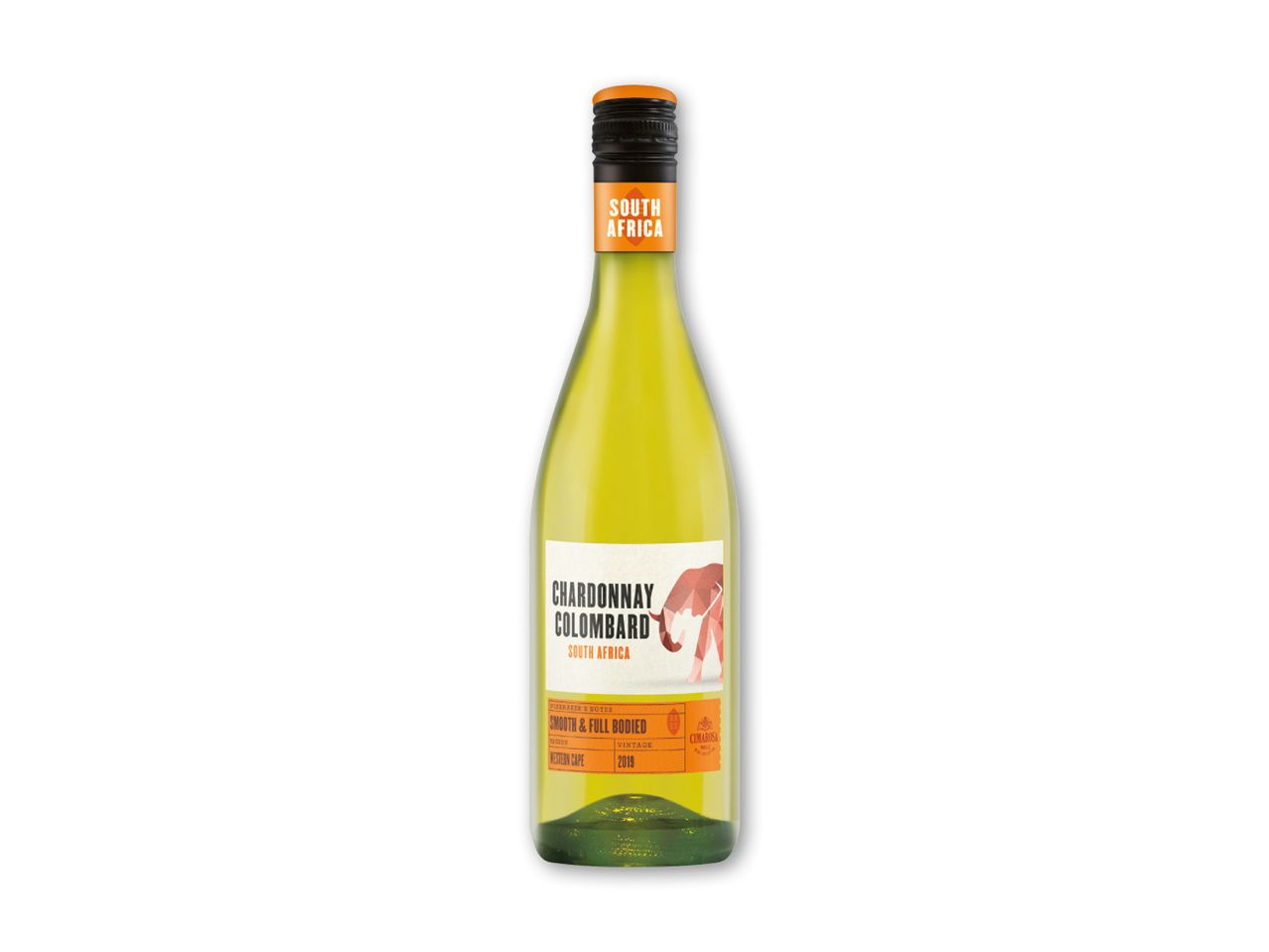 En flaske Cimarosa Chardonnay Colombard hvidvin fra Sydafrika.