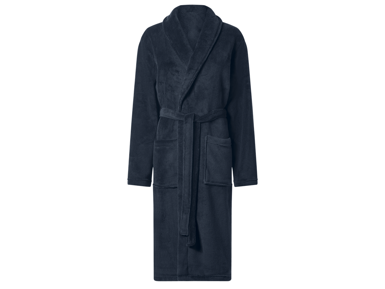 Тъмносин халат за баня от мека материя с колан и джобове.