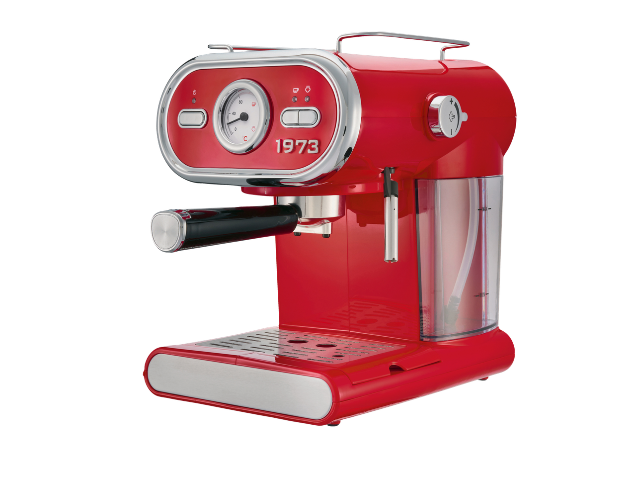 SILVERCREST® red retro espresso machine with a pressure gauge and steam wand.