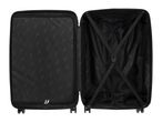 Open black suitcase with a patterned lining and elastic straps.