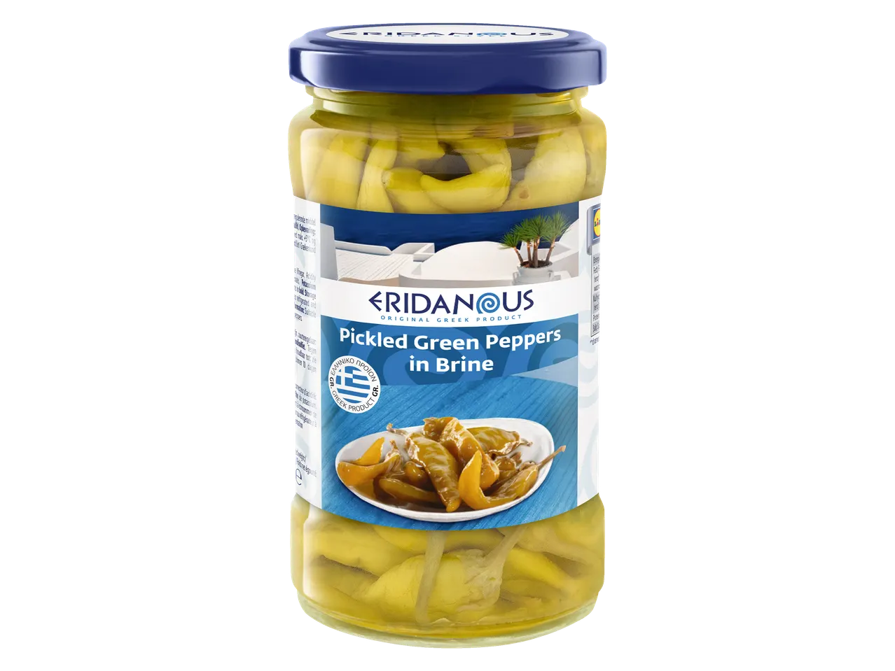 Eridanous pickled green peppers in brine.
