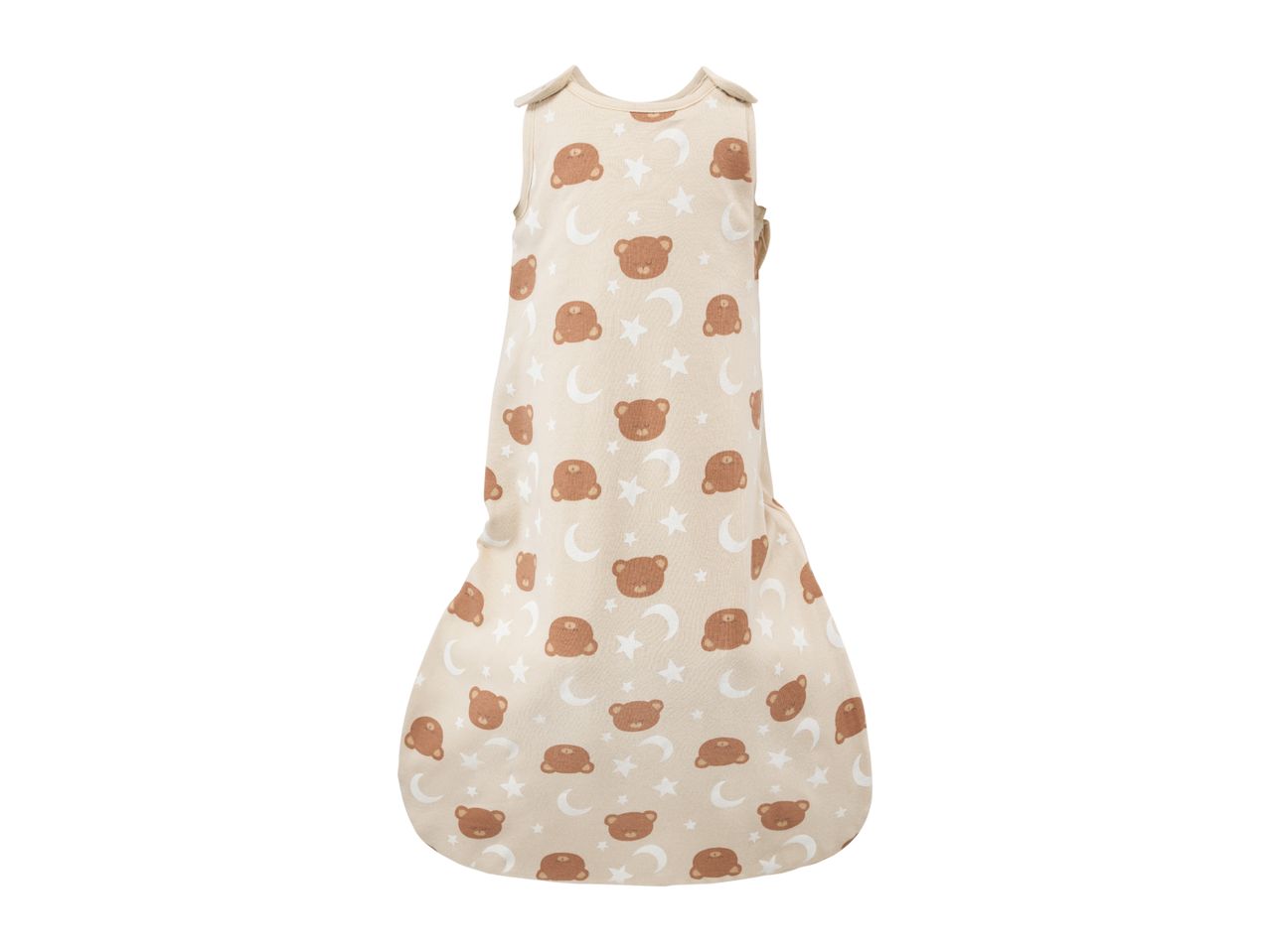 Baby sleeping bag with a pattern of brown bears, white moons, and stars on a light background.