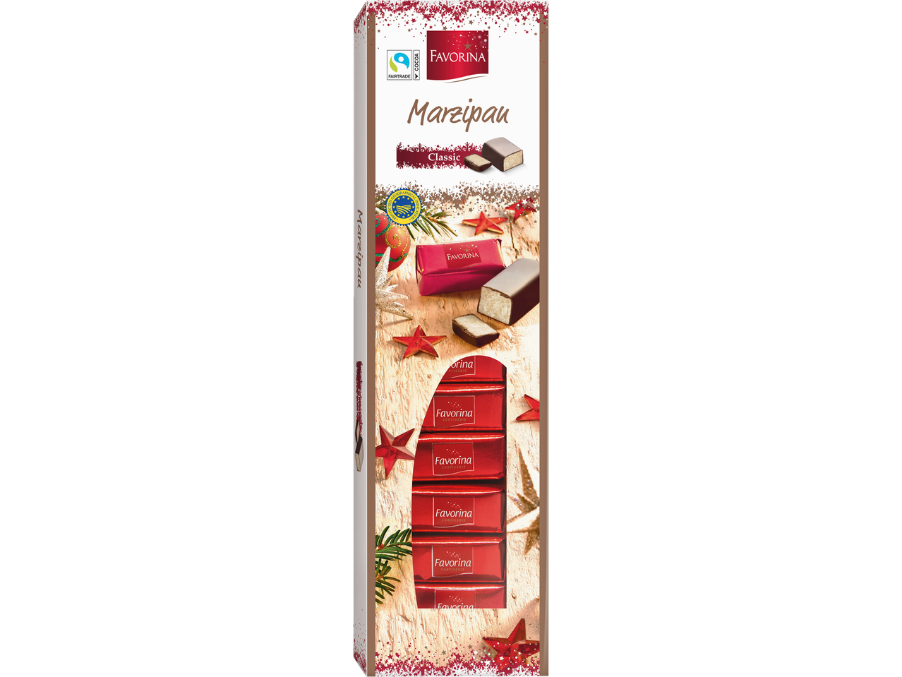 Favorina Marzipan Classic kaste ar individuāli iesaiņotiem marcipāna batoniņiem.