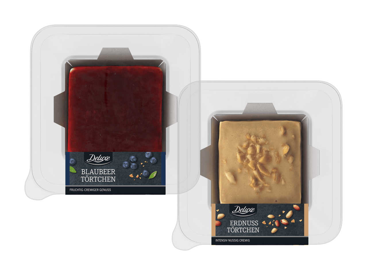Zwei Deluxe Törtchen: Blaubeer- und Erdnuss-Törtchen in transparenter Verpackung.