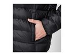 Close-up of a person's hand in the pocket of a black puffer jacket.