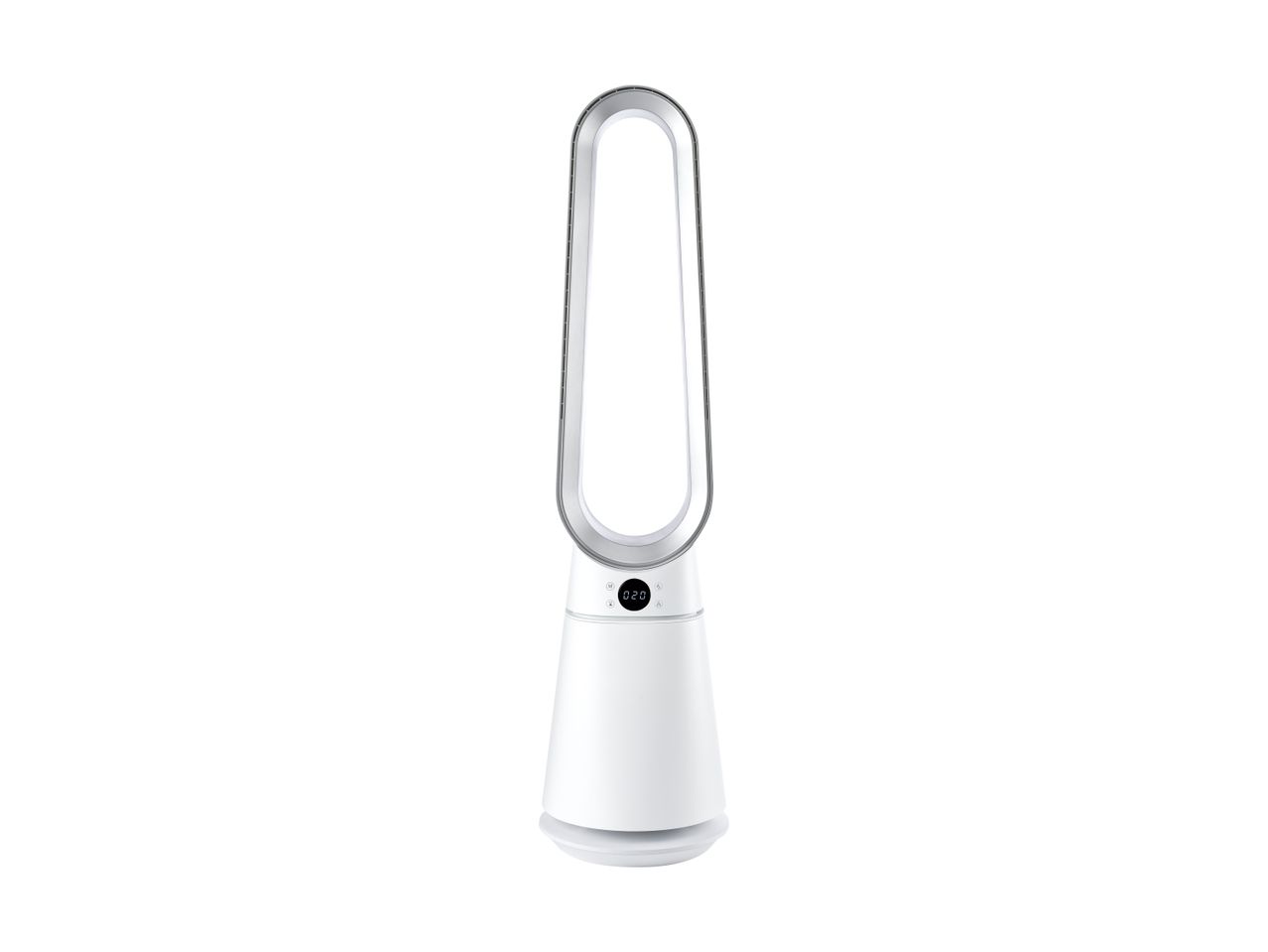 Hvid tårnventilator med et digitalt display, der viser '020'.