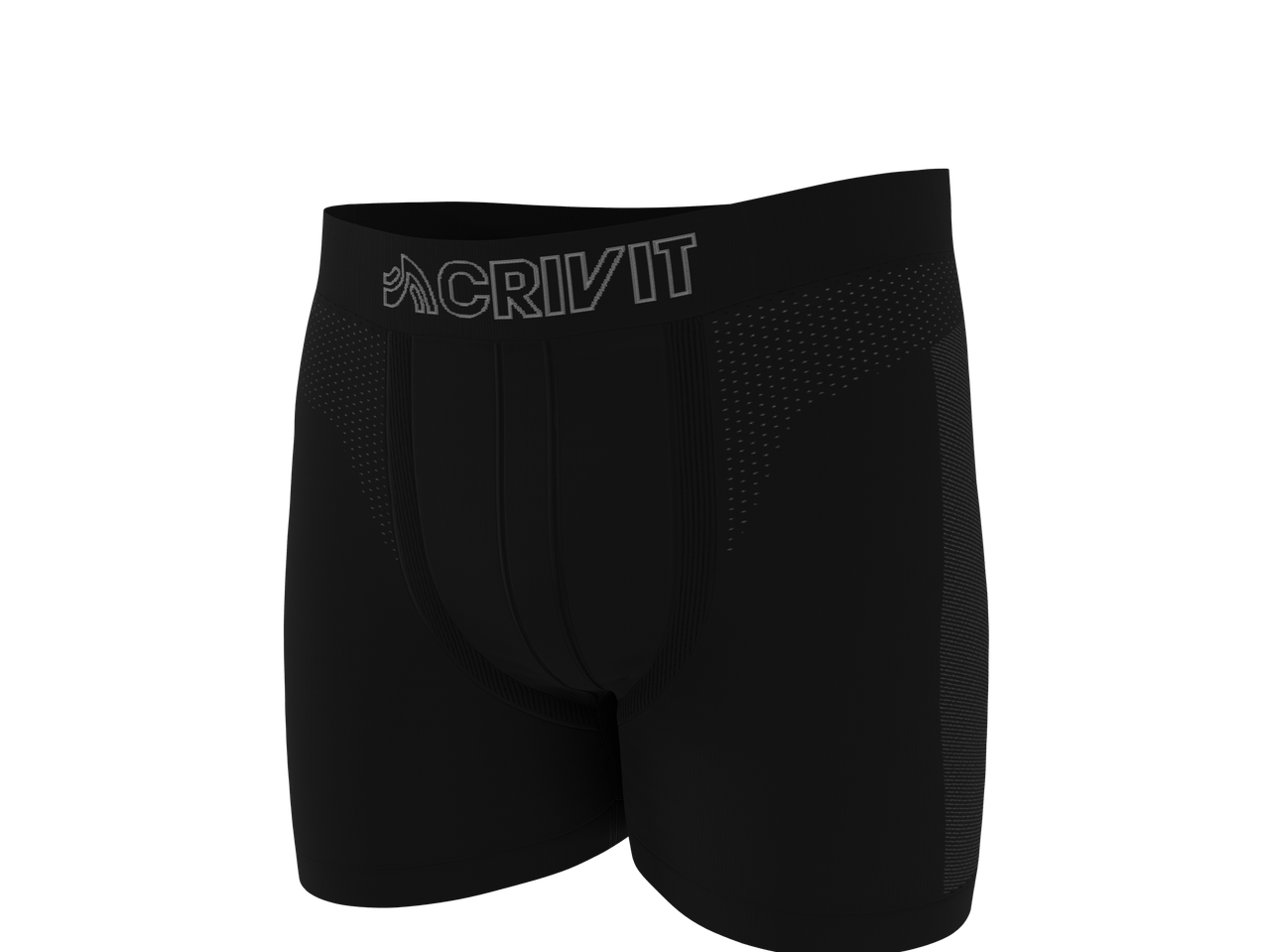 Crivit melni sporta bokseršorti vīriešiem ar redzamu logotipu uz jostasvietas.