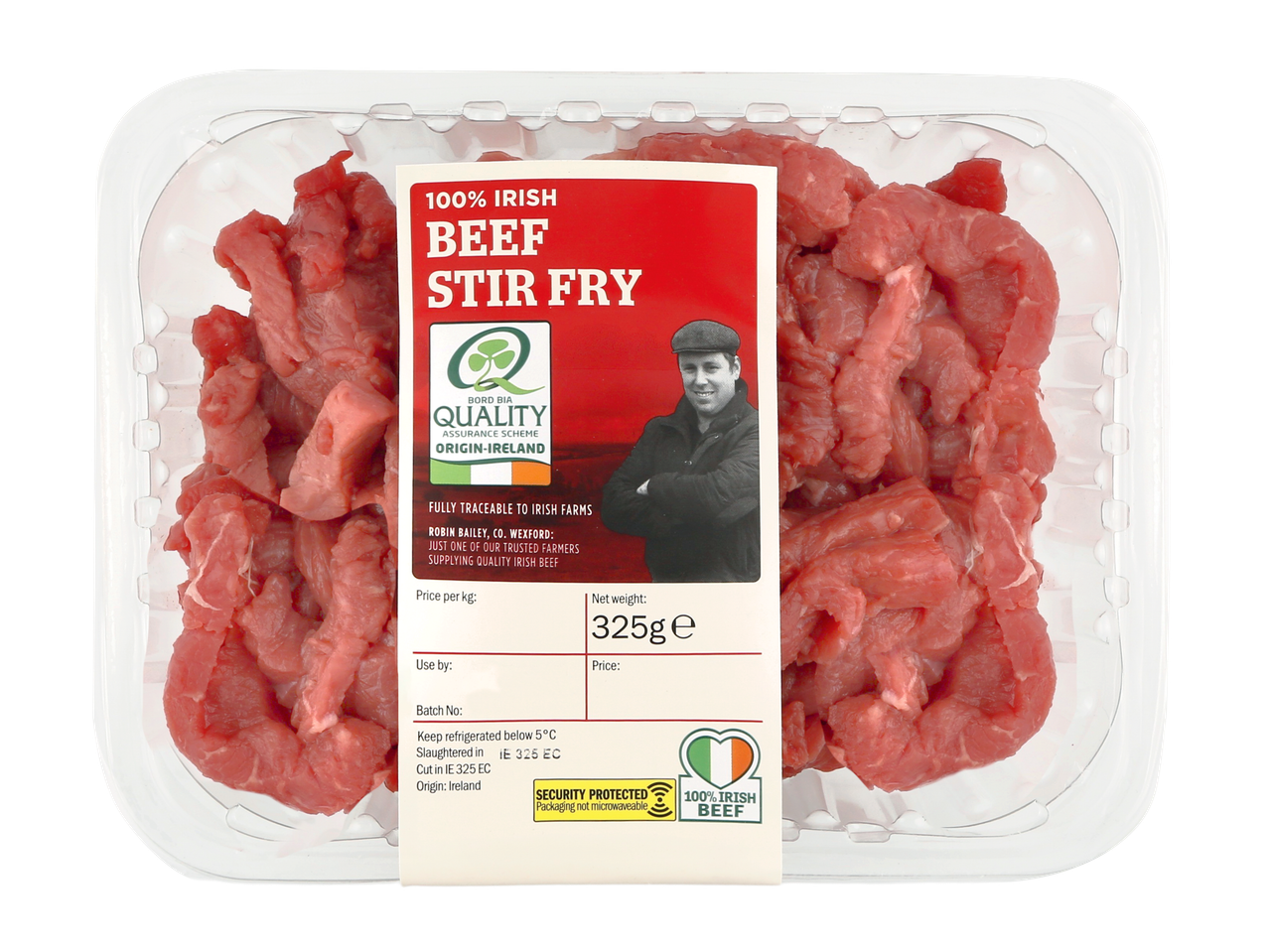 A package of Bord Bia Quality 325g 100% Irish Beef Stir Fry.
