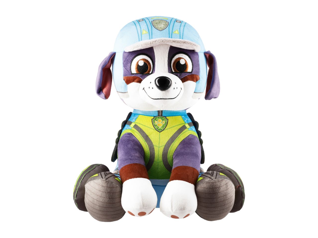 A plush toy of a purple and white dog wearing a blue hat and a green and blue vest.