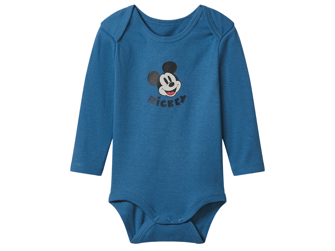 Бебешко боди с дълъг ръкав в синьо с щампа на Мики Маус.