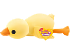 Yellow duck plush toy with an orange beak and feet, featuring a heart-shaped tag.