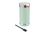 SilverCrest electric coffee grinder in light green with a cleaning brush.