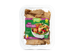 Verpakking met vegan kipstukjes op basis van soja-eiwit, met Nutri-Score A en bereidingsinstructies.