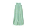 Mint green baby sleeping bag with yellow sun pattern and front zipper.