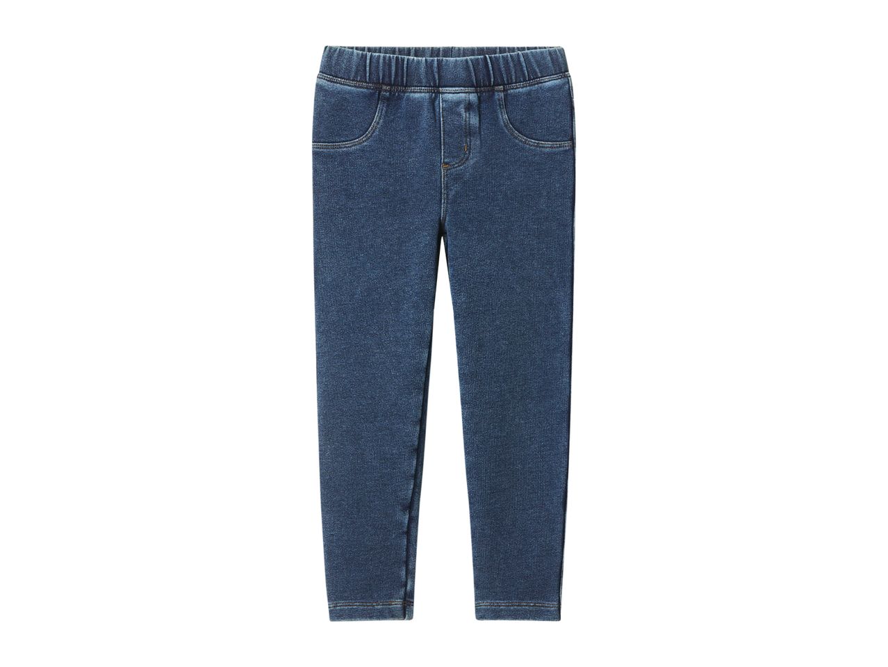 Dark blue denim jeggings with an elasticated waist and front pockets.