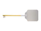 Aluminum pizza peel with wooden handle.