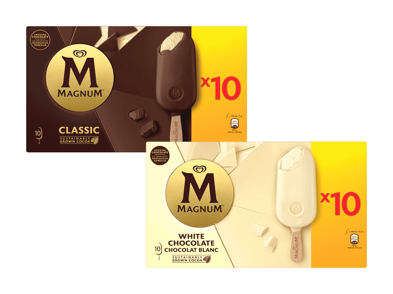 Magnum Eis am Stiel: Klassisch und weiße Schokolade, jeweils im 10er-Pack.