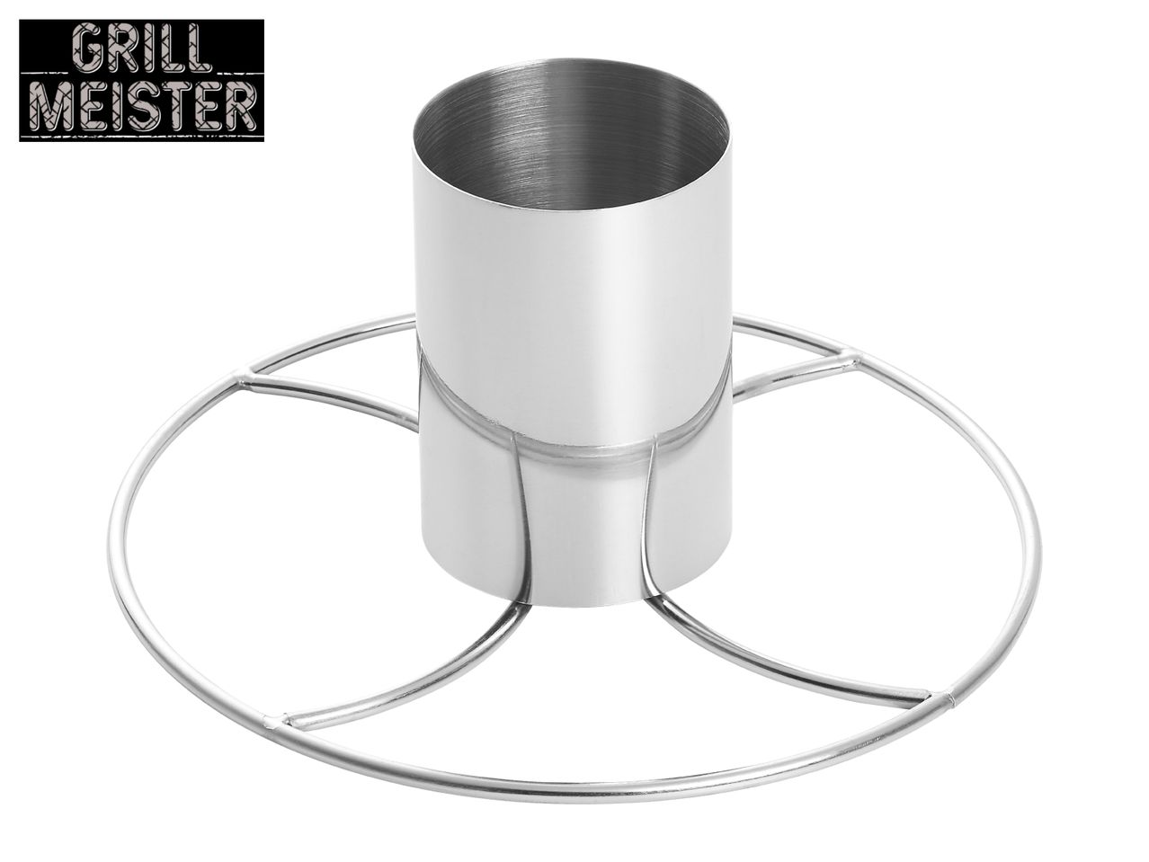 Stainless steel chicken roaster with a circular base and a central cylinder.