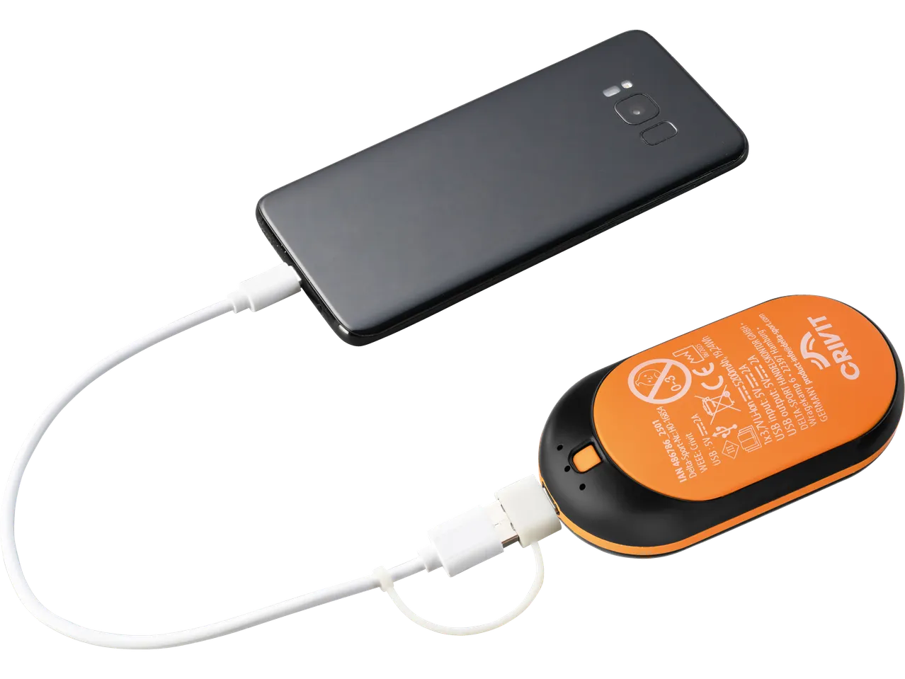 CRIVIT āra roku sildītājs uzlādē viedtālruni, parādot produkta specifikācijas.