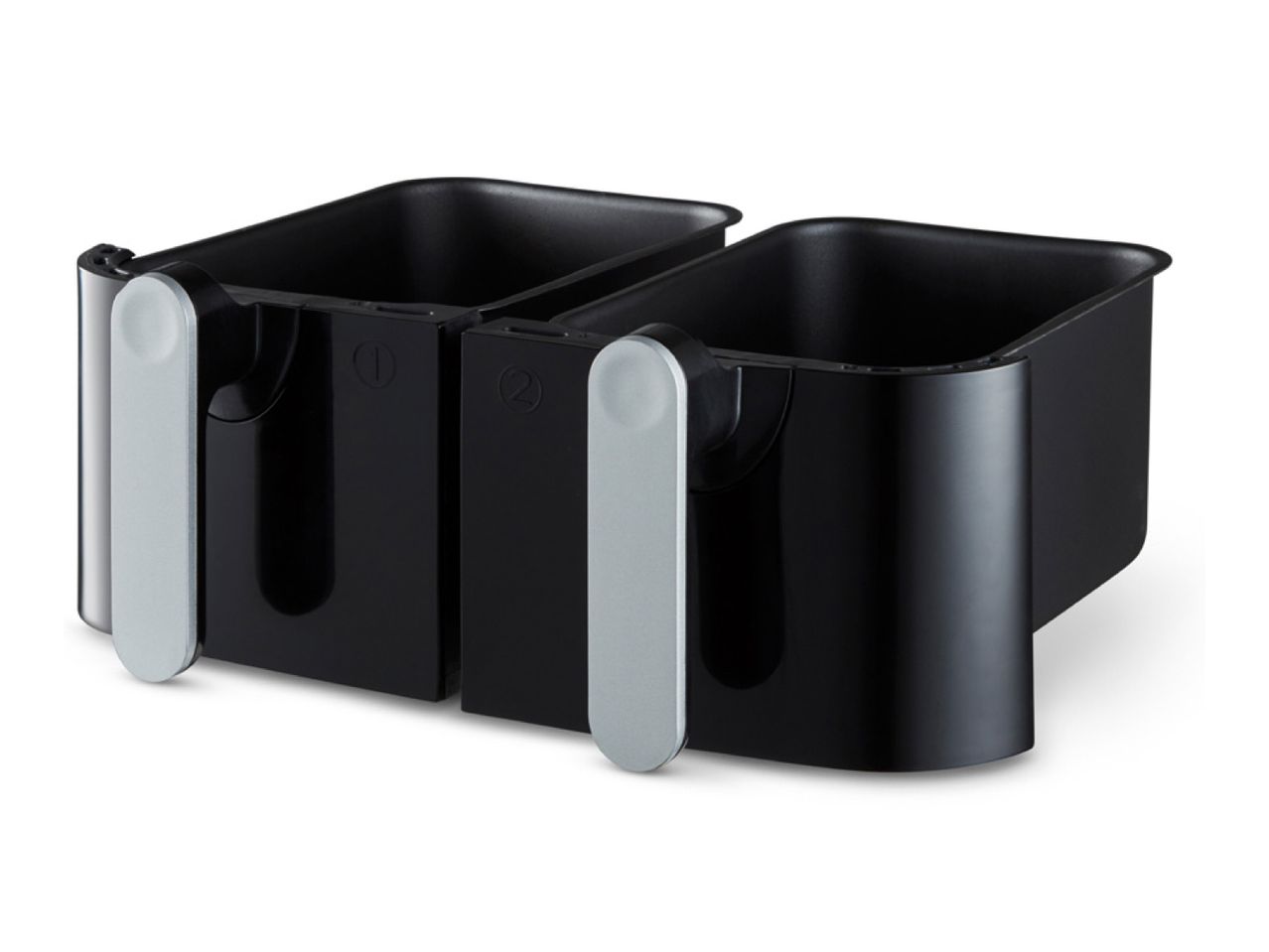 Two black air fryer baskets with silver handles on a white background.