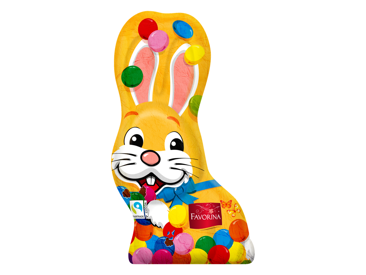 Favorina Chocolate Easter Bunny with colorful candy eggs and a Fairtrade Cocoa logo.