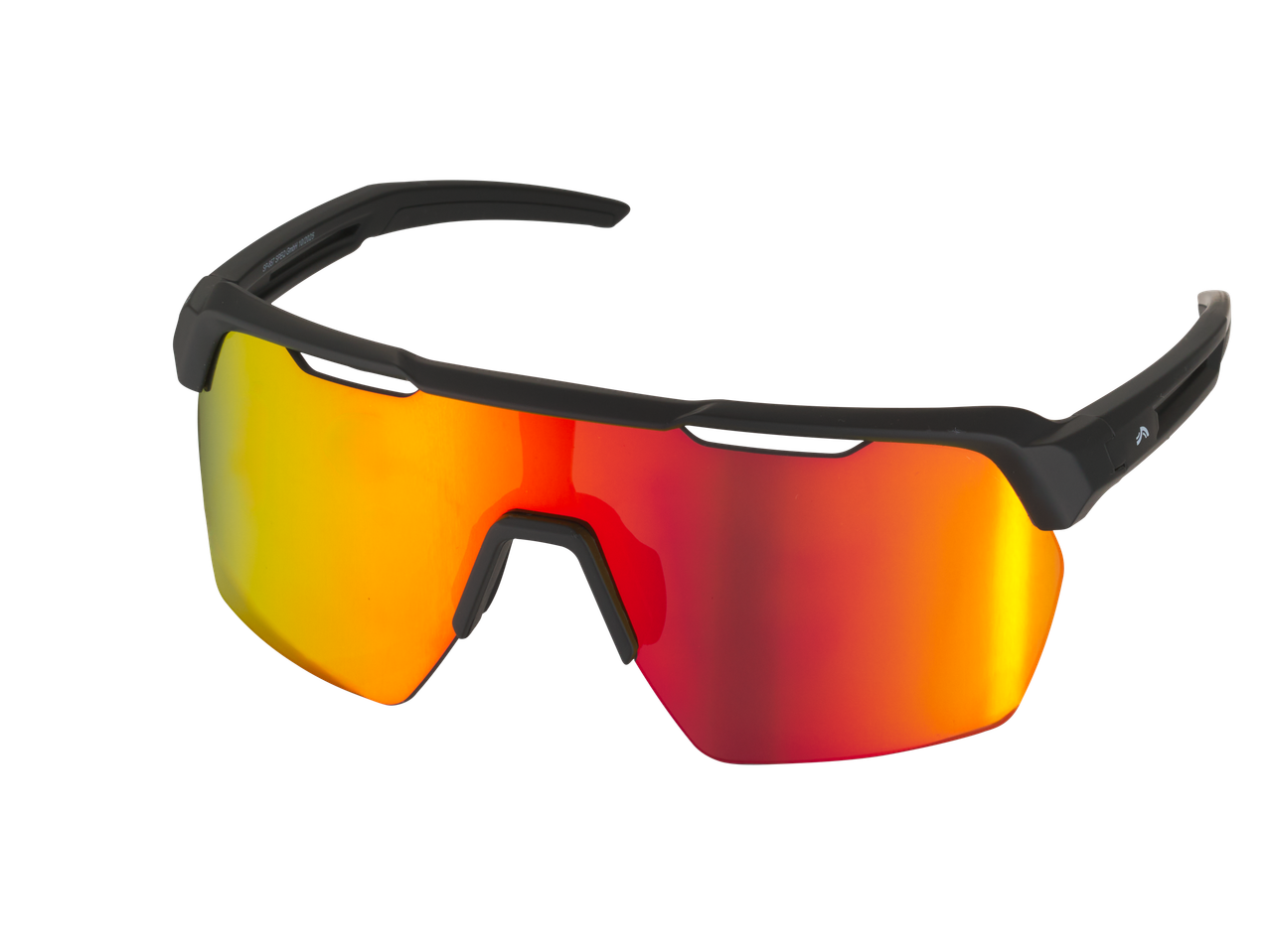 CRIVIT sportiniai akiniai su raudonais ir oranžiniais lęšiais, juodas rėmelis.