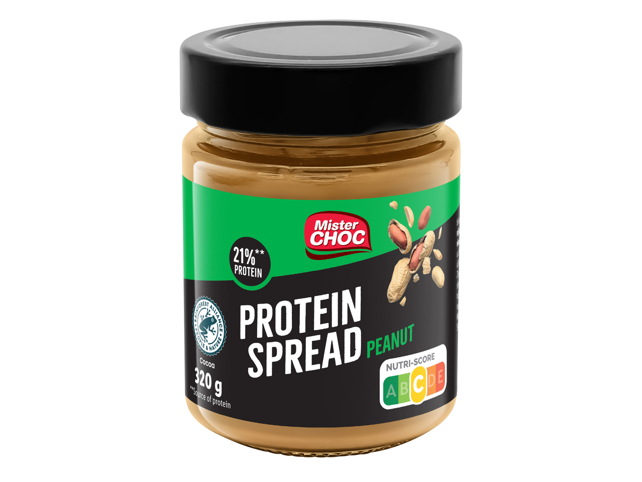 Буркан с фъстъков протеинов спред с 21% протеин, 320 г, с Nutri-Score C.