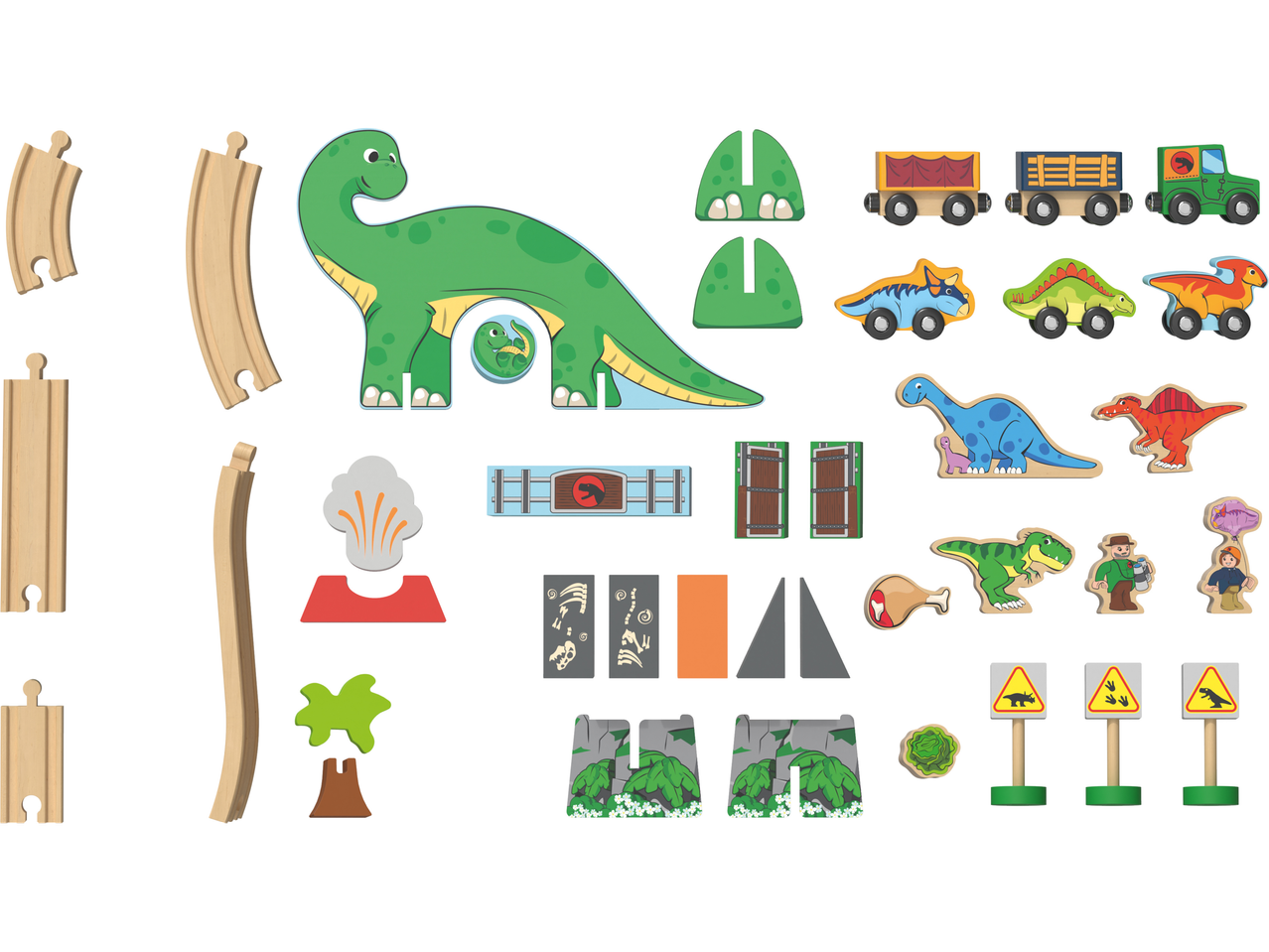 Ensemble de jeu en bois sur le thème des dinosaures, comprenant des rails, des véhicules et des figurines.