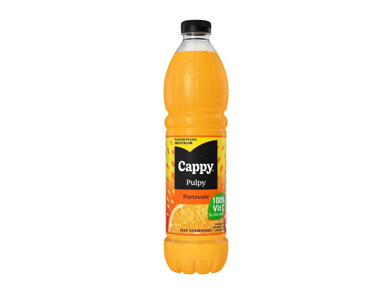 O sticlă de Cappy Pulpy Portocale cu 100% Vitamina C.