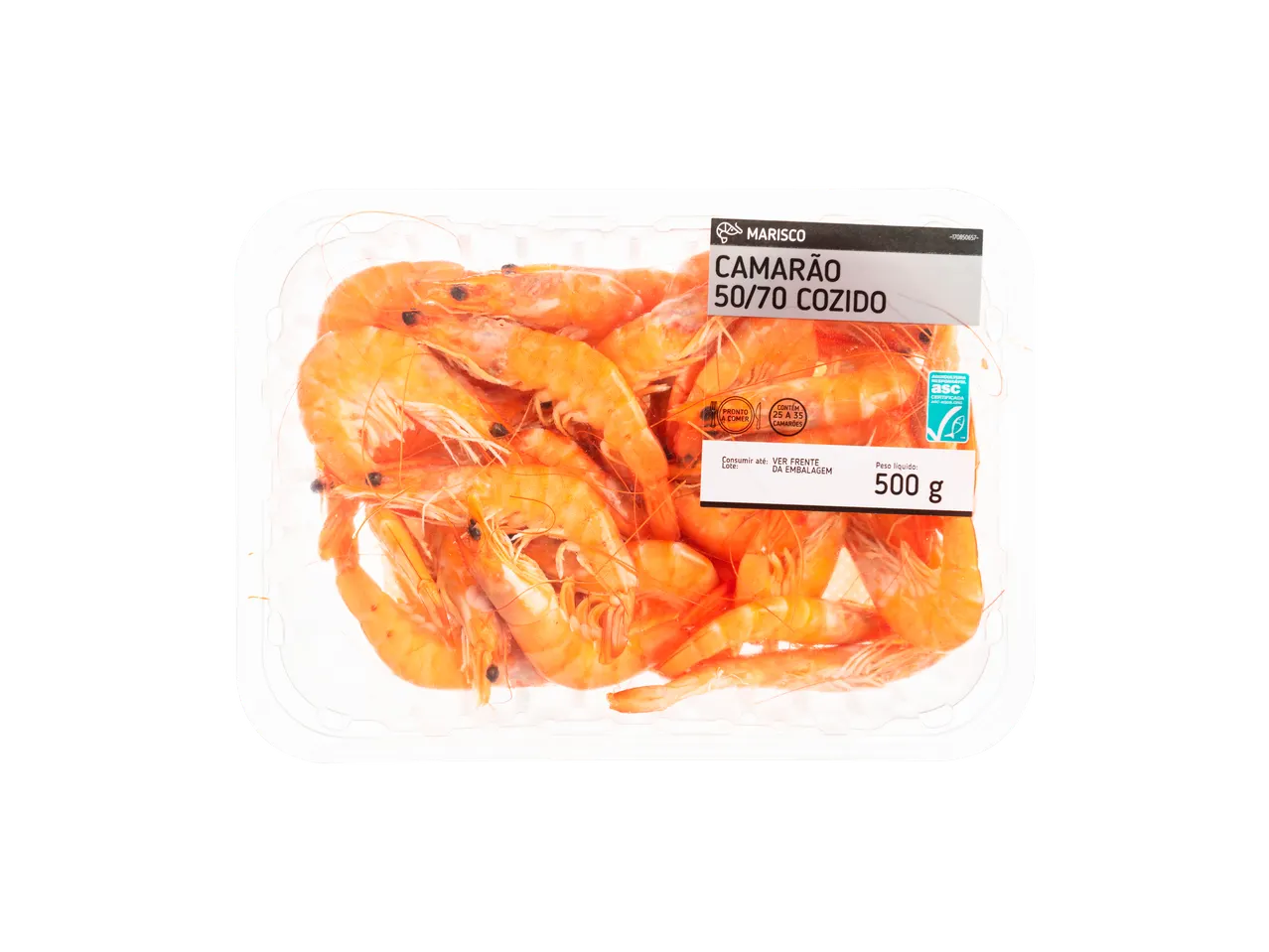 Embalagem de camarão cozido (tamanho 50/70) com 500g, pronto a comer.