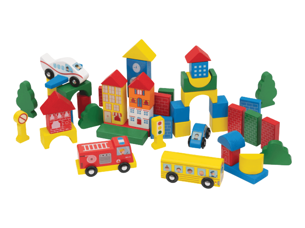 Medinių kaladėlių rinkinys su pastatais, transporto priemonėmis ir medžiais.