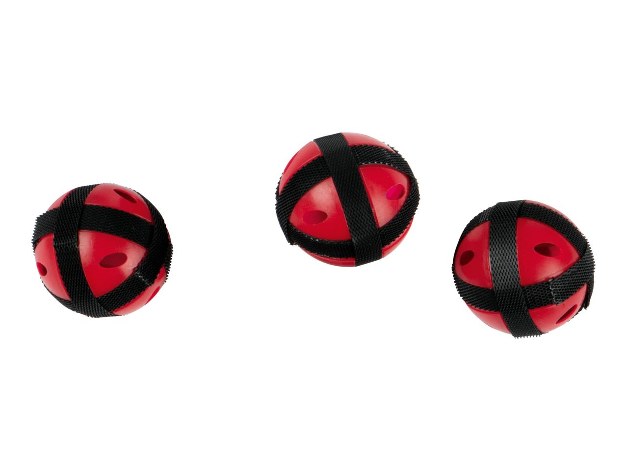 Three red and black dog toys with textured straps