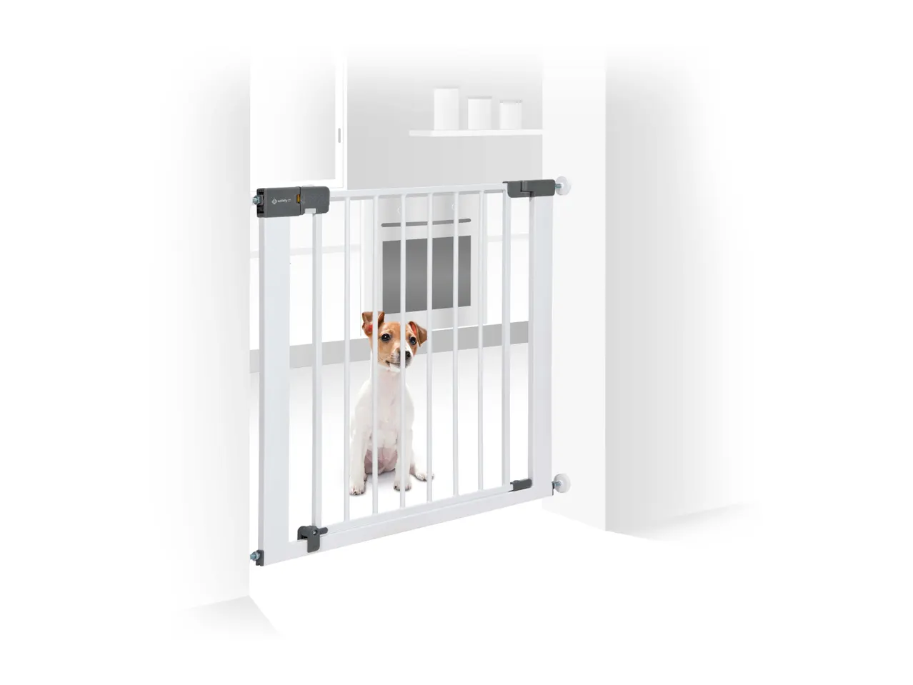 White pet safety gate with a small dog sitting behind it in a doorway.