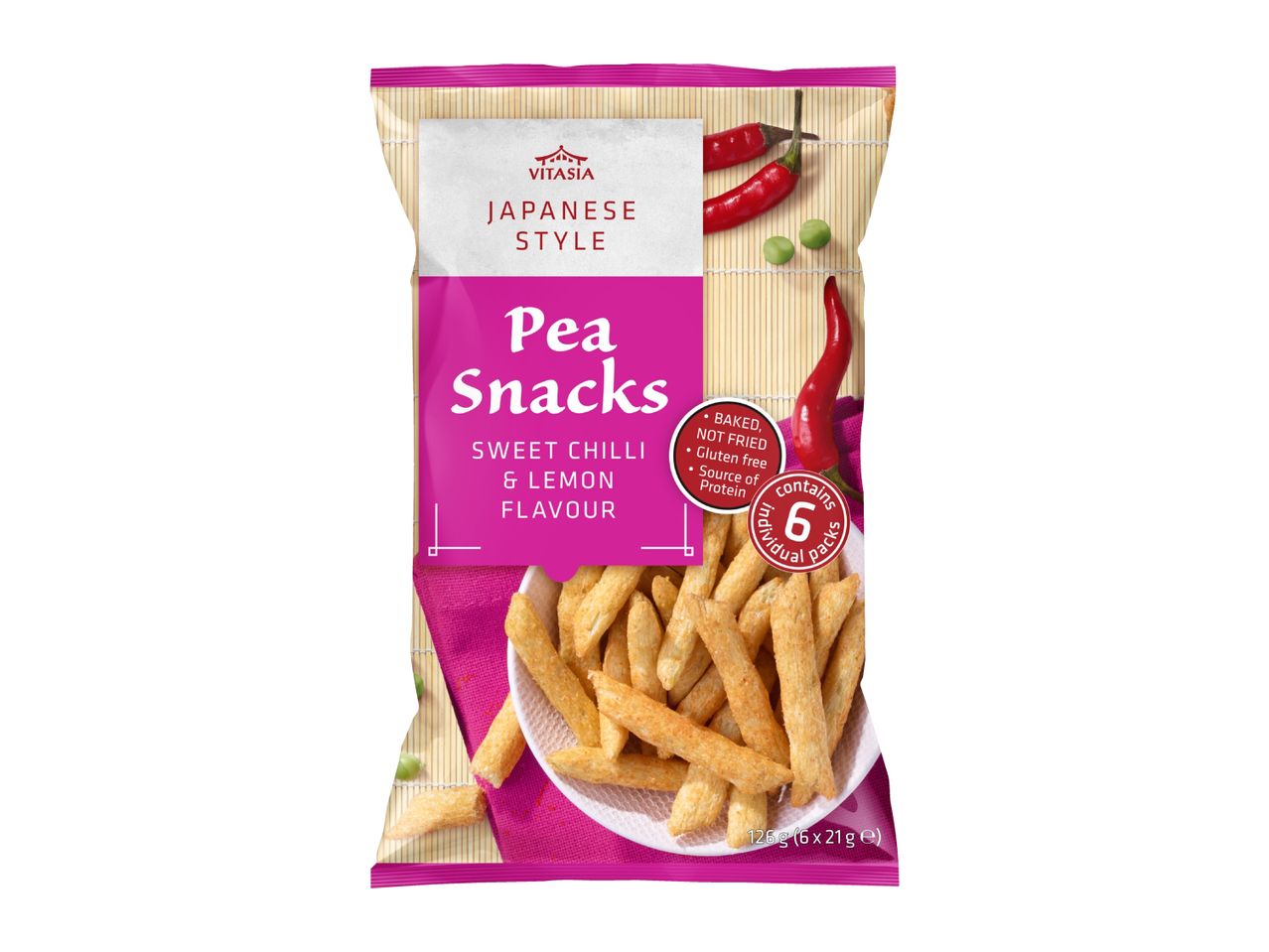 Japanese style pea snacks in sweet chilli & lemon flavour, baked, gluten-free, source of protein.