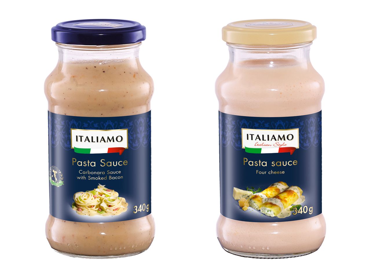 Două borcane cu sos de usturoi Barilla.