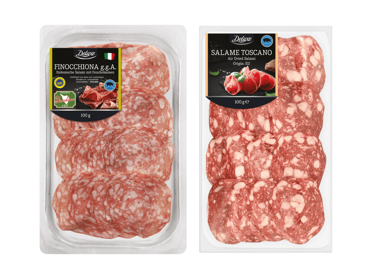 Zwei Packungen italienische Salami, Finocchiona g.g.A. mit Fenchelsamen und Salame Toscano, luftgetrocknet.