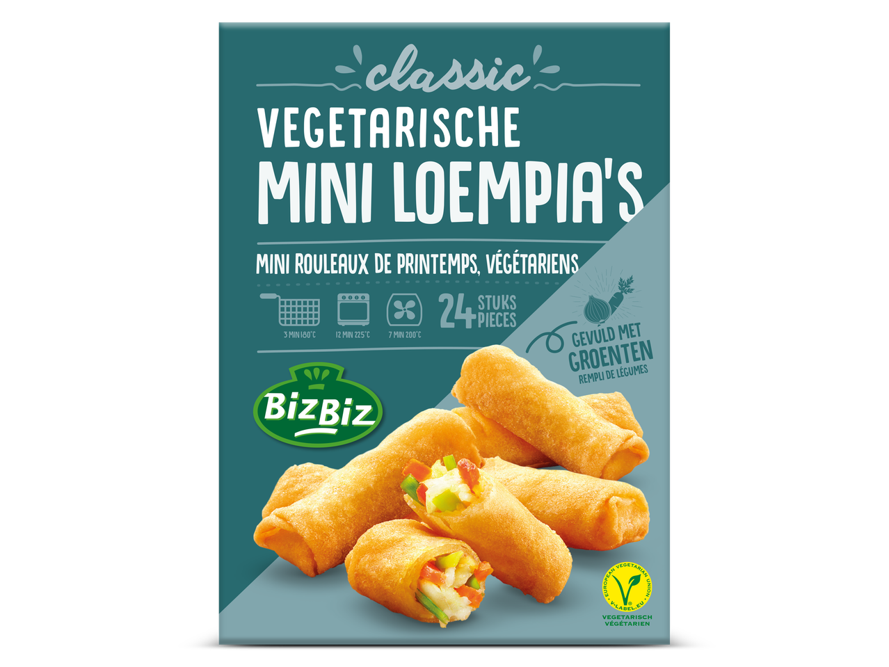 BizBiz Vegetarische Mini Loempia's, 24 stuks, gevuld met groenten, V-Label gecertificeerd.