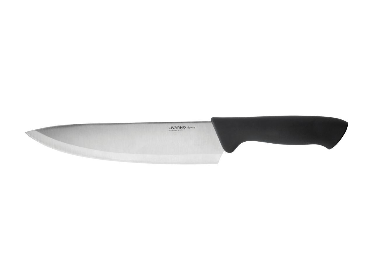 A Livarno Home stainless steel chef's knife with a black handle.