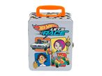 Silver metal lunchbox with an orange handle, featuring racing cars and cartoon characters.