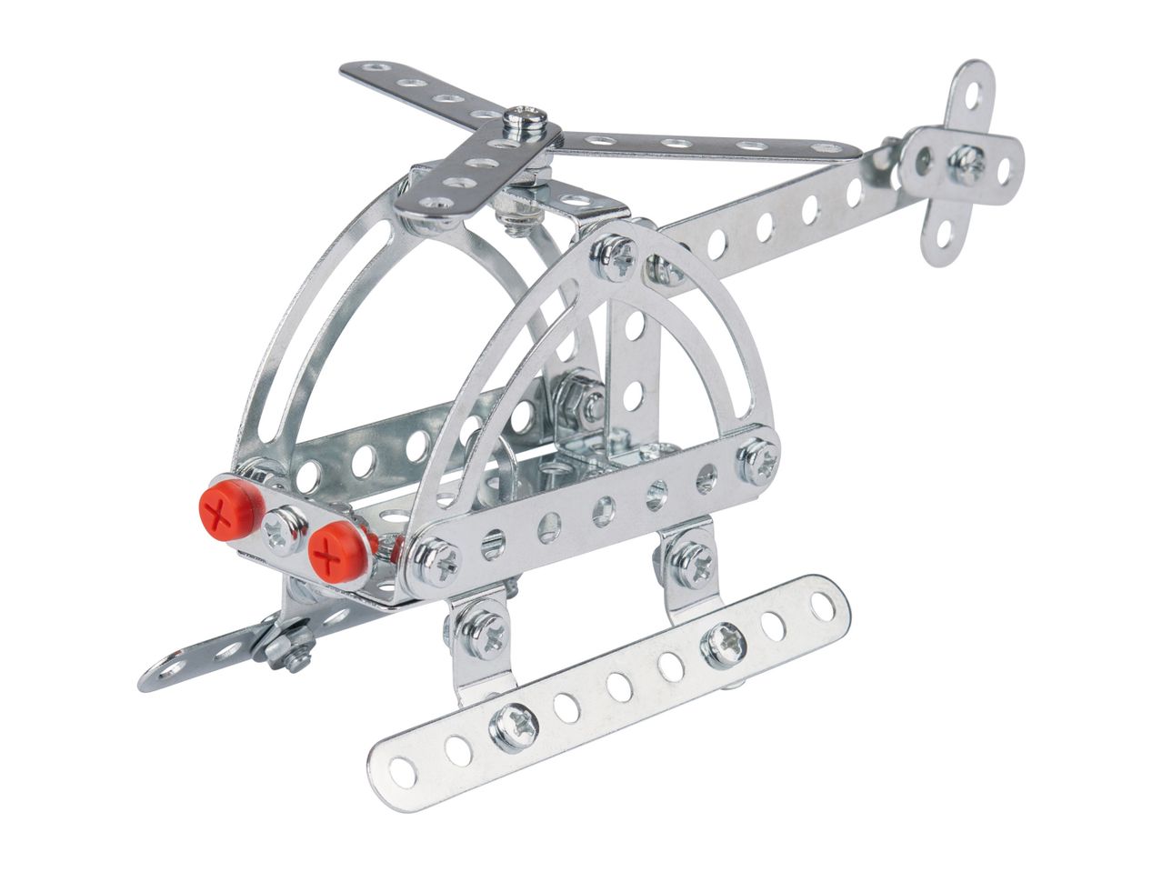 A silver metal construction toy helicopter.