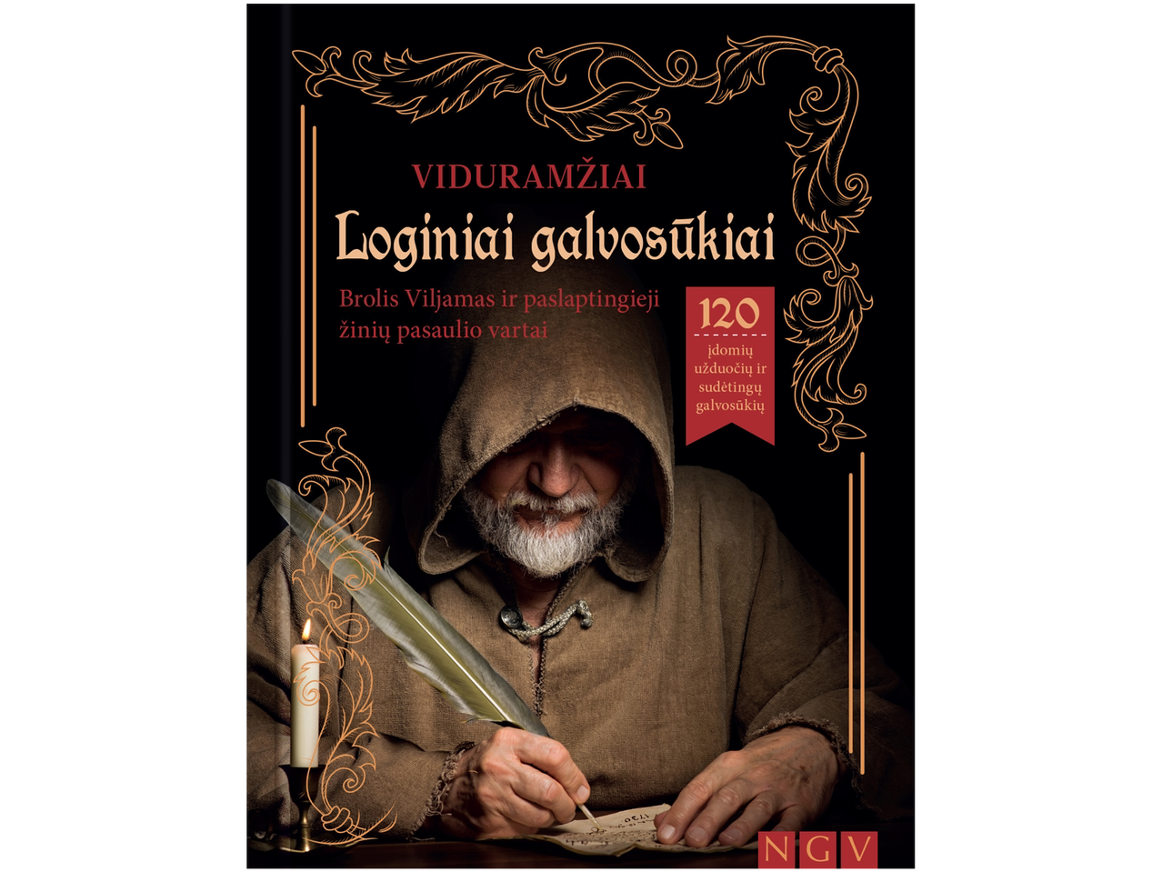 Knygos viršelis su vienuoliu, rašančiu plunksna, ir pavadinimu „Loginiai galvosūkiai“.