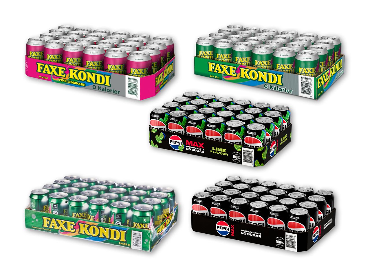 Fire kasser med sodavand, to med pink lemonade og to med lime-smag, alle sukkerfri.
