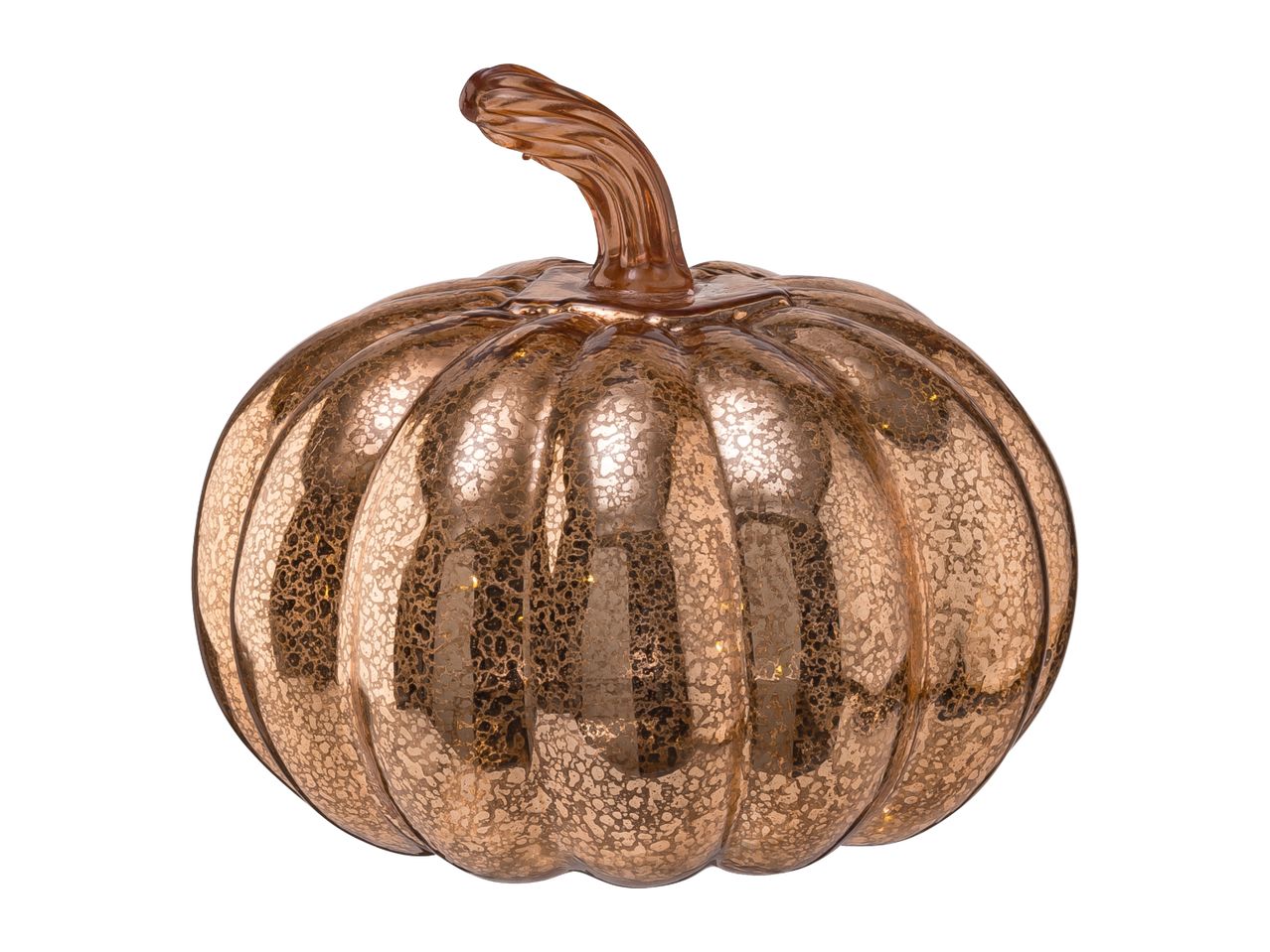 A decorative glass pumpkin with a bronze mercury glass finish.
