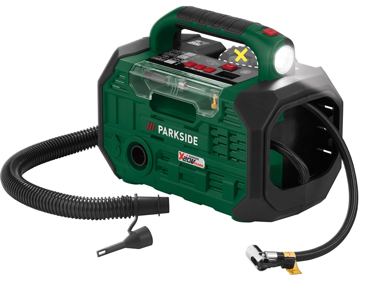 Compressore Parkside X20V Team con luce integrata e tubo flessibile.