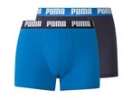 Two pairs of Puma boxer briefs, one blue and one dark blue, with branded waistbands.