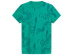 T-shirt vert à motifs de feuilles tropicales et de planches de surf.